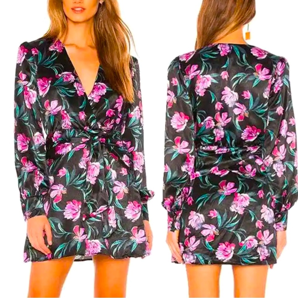 NWOT L’Academie Revolve black tulip floral silky wrap dress size medium